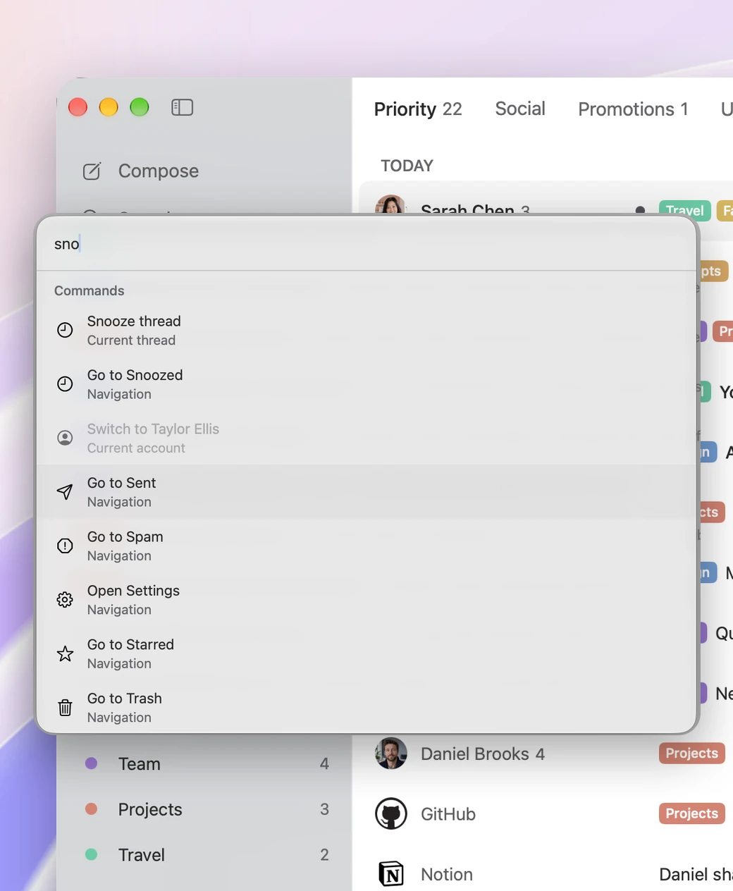 The Command Palette with “sno” typed, offering Snooze thread and Go to Snoozed.