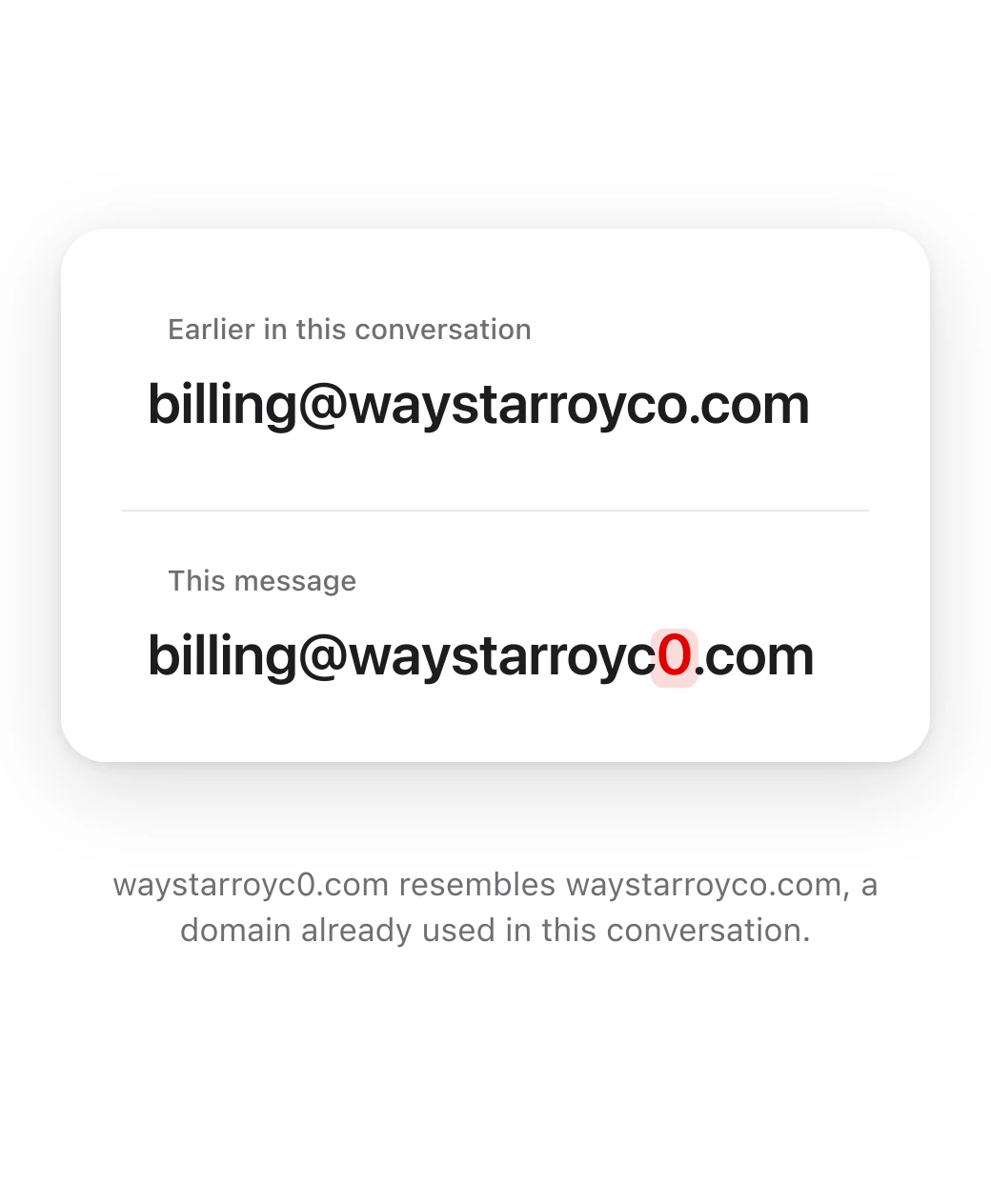 billing@waystarroyco.com from earlier in the conversation, above billing@waystarroyc0.com from this message, with the zero highlighted.