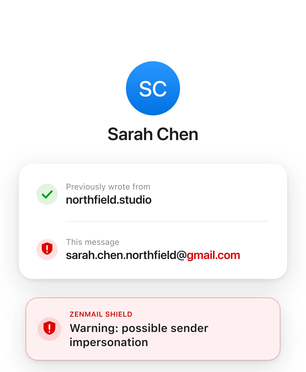 Sarah Chen previously wrote from northfield.studio; this message came from a gmail.com address. Shield warns of possible sender impersonation.