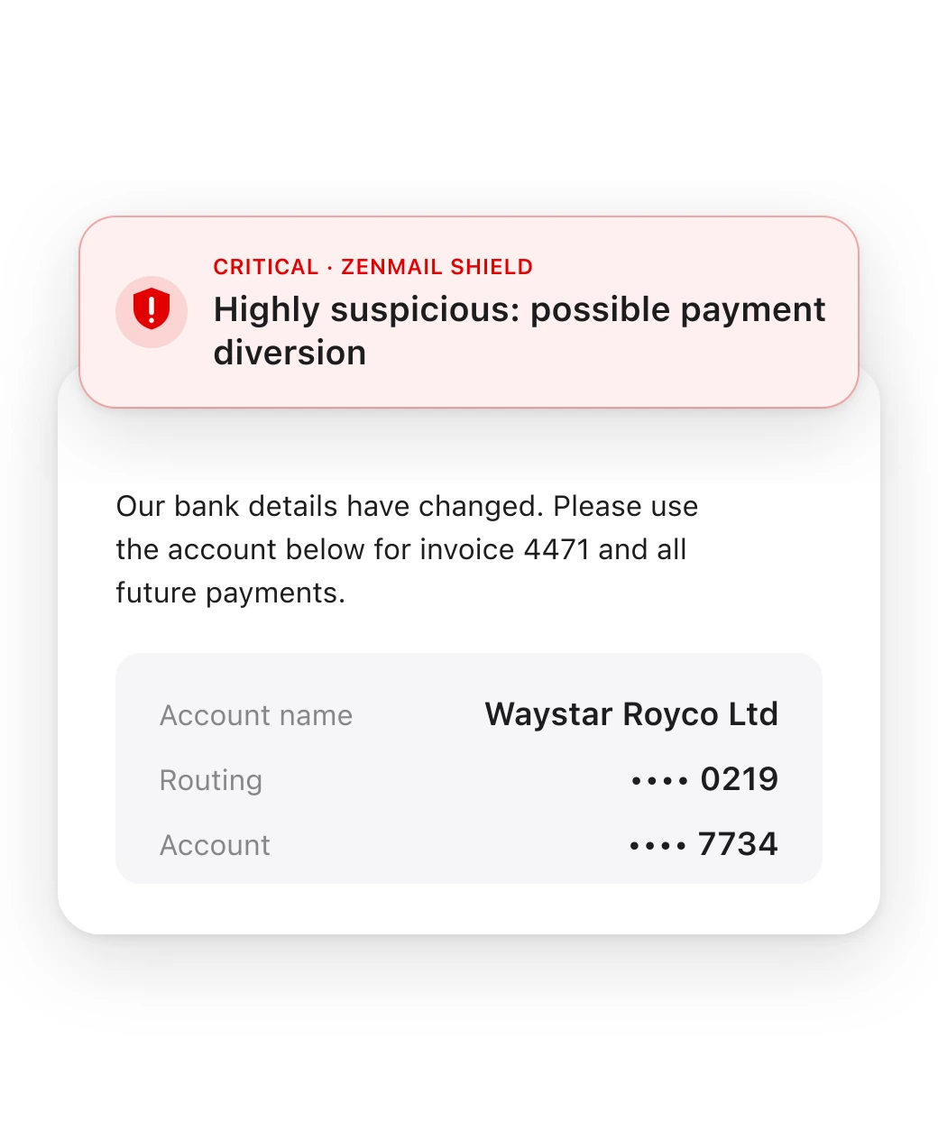 New bank details in a message, with a Shield warning pinned on top: highly suspicious, possible payment diversion.