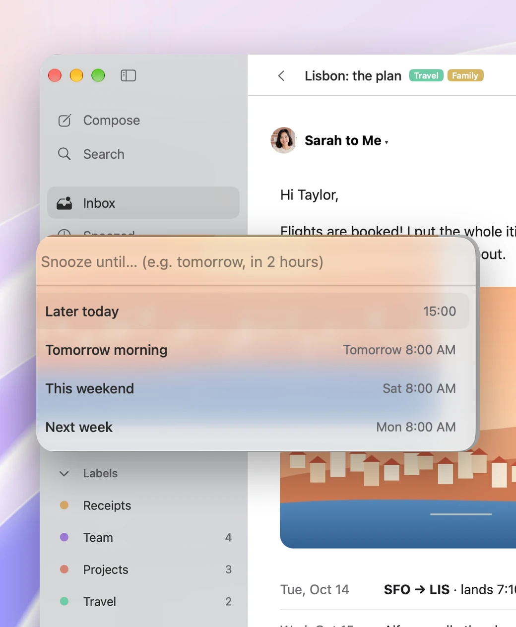 The Snooze picker offering Later today, Tomorrow morning, This weekend, and Next week.