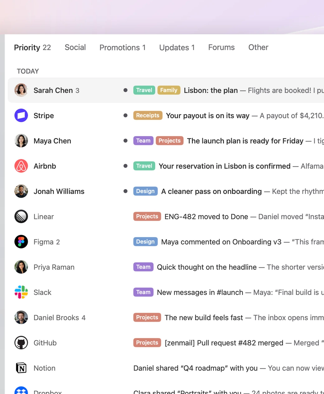 The inbox with Priority selected, next to Social, Promotions, and Updates.