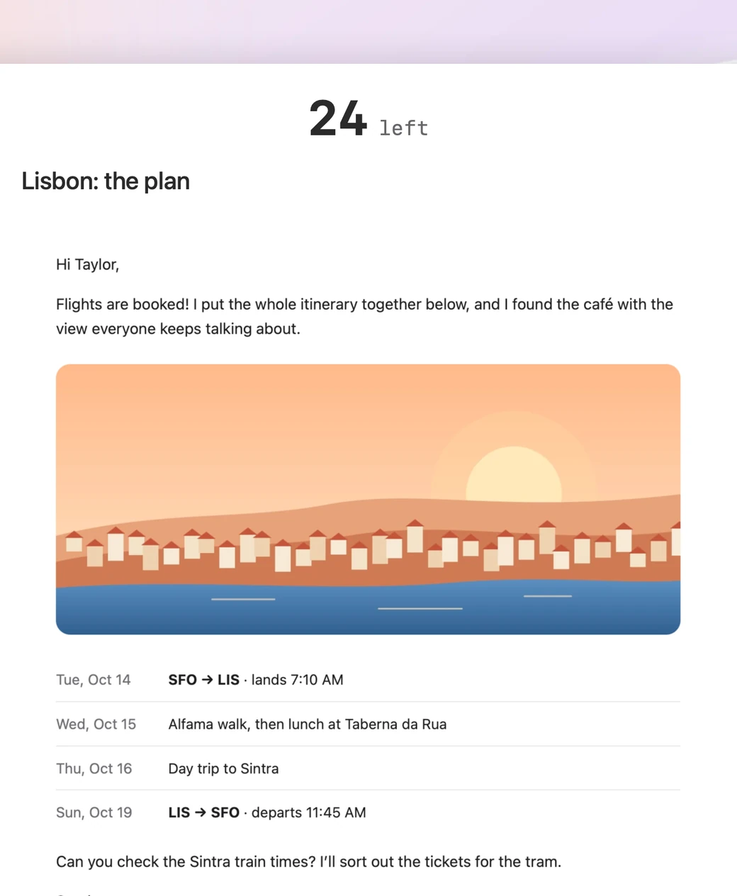 Zen Mode showing one email from Sarah Chen, with three left.