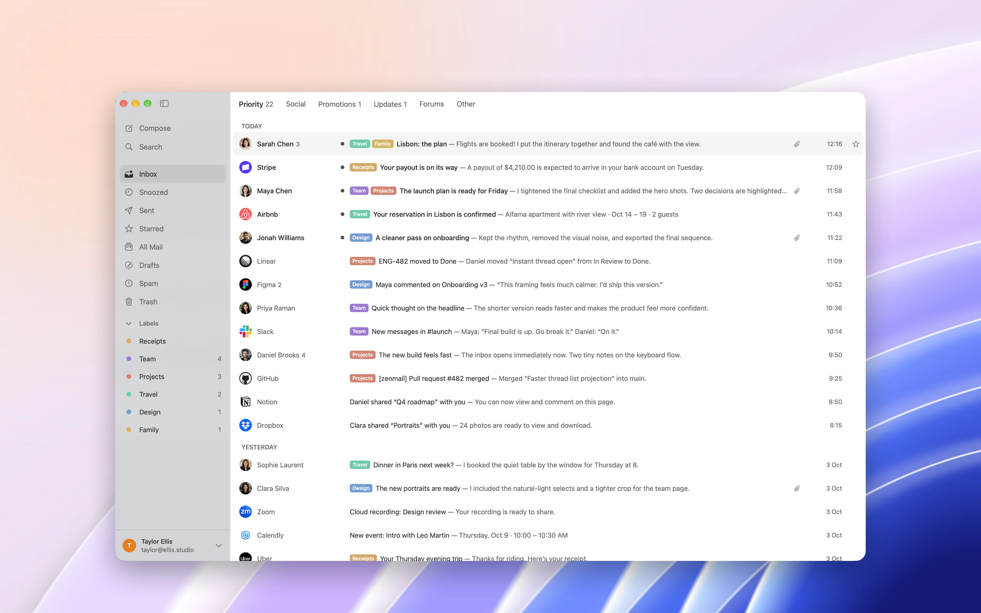 The ZenMail inbox on Mac, with mailboxes in the sidebar and today’s messages sorted into Priority.