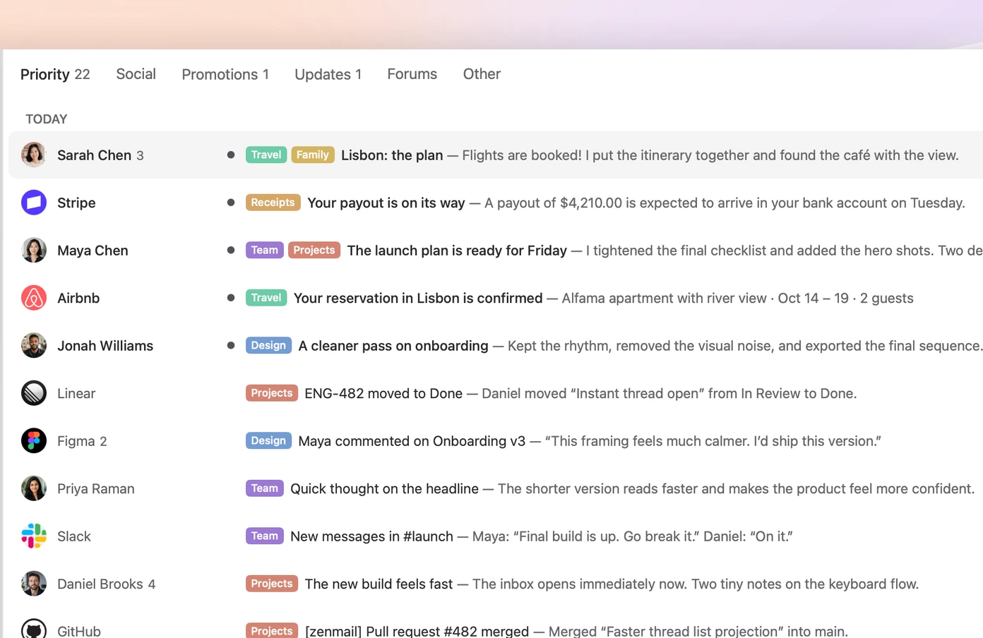 The ZenMail inbox on Mac, sorted into Priority.