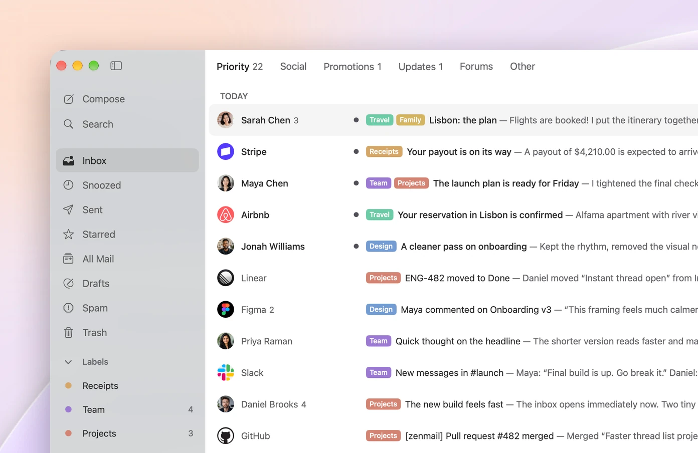 The ZenMail sidebar on a Mac desktop.