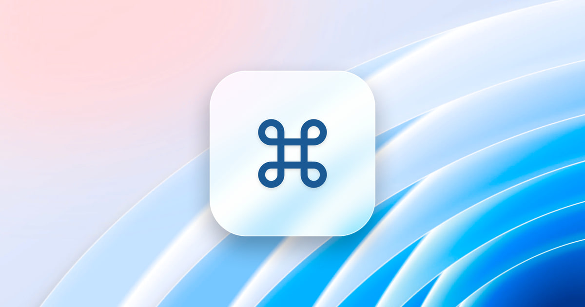 The Command key symbol on a frosted glass tile, over a blue wallpaper.