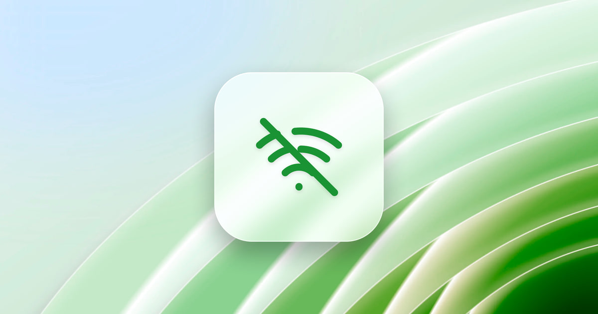 A Wi-Fi symbol with a slash through it on a frosted glass tile, over a green wallpaper.
