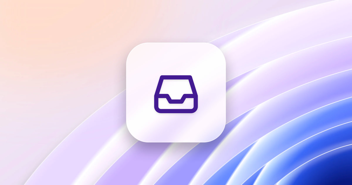 An empty inbox tray on a frosted glass tile, over a violet wallpaper.