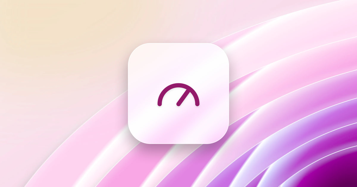 A speed gauge on a frosted glass tile, over a magenta wallpaper.