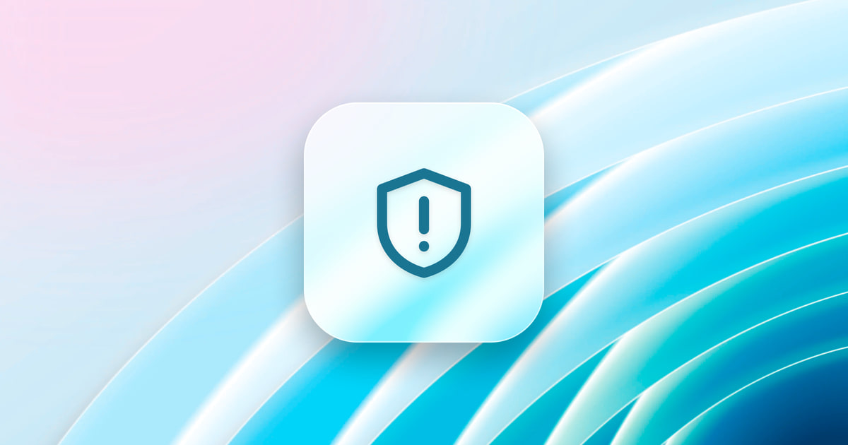 A shield with an exclamation mark on a frosted glass tile, over a cyan wallpaper.